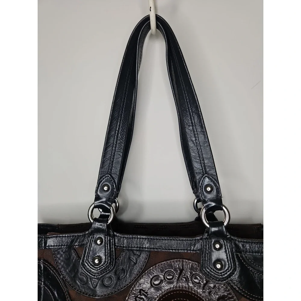 Coach Bag Circle Patchwork F15466 Brown Black Suede Leather East West Tote